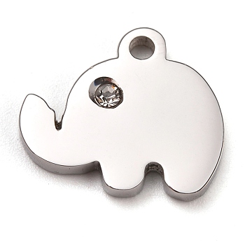 304 Stainless Steel Charms, Manual Polishing, with Crystal Rhinestone, Elephant, Stainless Steel Color, 11.5x12.5x1.2mm, Hole:1.8mm