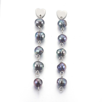 Natural Freshwater Pearl Beads Ear Studs, with 304 Stainless Steel Findings, Midnight Blue, 68~72mm, Pin: 0.7