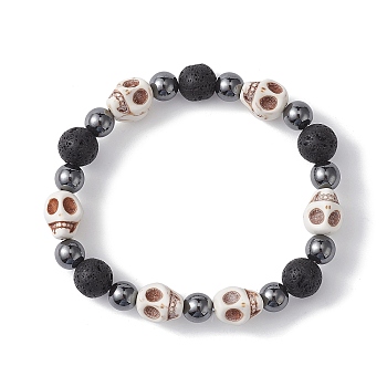 Halloween Skull Synthetic Turquoise & Round Lava Rock & Synthetic Non-Magnetic Hematite Beaded Stretch Bracelets for Women, Inner Diameter: 2-1/2 inch(6.3cm), 10mm