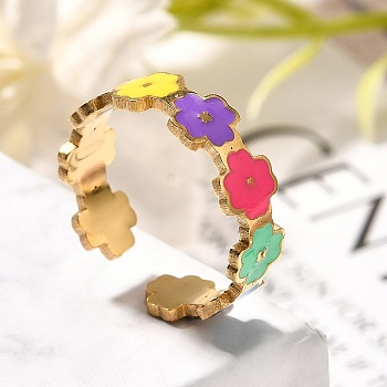 201 Stainless Steel Enamel Open Cuff Ring for Women, Golden, Flower, 6mm, Adjustable