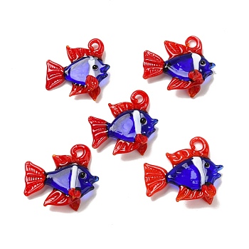 Handmade Lampwork Pendants, Fish, Blue, 28.5~32x29~36x9.5~14.5mm, Hole: 3~4mm