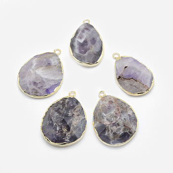 Natural Chevron Amethyst Pendants, with Brass Findings, Faceted, teardrop, Golden, 31~35x20~25x7~9mm, Hole: 2.5mm