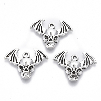 Tibetan Style Alloy Pendants, Lead Free & Cadmium Free, for Halloween, Skull with Bat Wings, Antique Silver, 17.5x23.5x3.5mm, Hole: 1mm, about 350pcs/500g