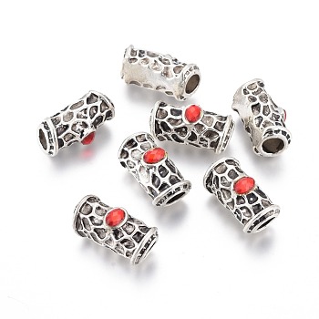 Antique Silver Plated Alloy Beads, with Acrylic Rhinestone, Tube, Red, 22.5x11x12mm, Hole: 7x6mm