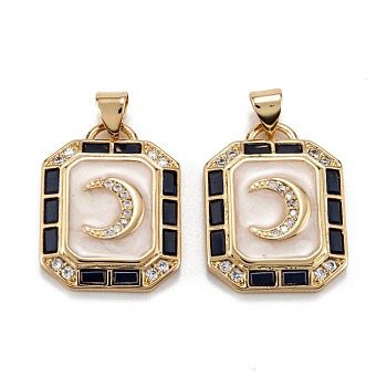 Brass Micro Pave Clear Cubic Zirconia Pendants, with Enamel, Octagon with Moon, Blue, Real 18K Gold Plated, 23x17.5x3mm, Hole: 5.5x3.5mm