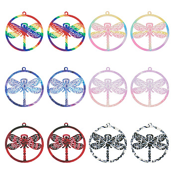 24Pcs 6 Colors Spray Painted 201 Stainless Steel Filigree Pendants, Etched Metal Embellishments, Flat Round with Dragonfly, Mixed Color, 27x24.5x0.3mm, Hole: 1.2mm, 4pcs/color