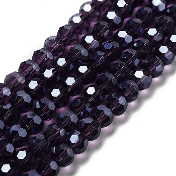Electroplate Transparent Glass Beads Strands, Faceted, Round, Pearl Luster Plated, Indigo, 8mm, Hole: 1mm, about 66~69pcs/strand, 19.29~19.57 inch(49~49.7cm)