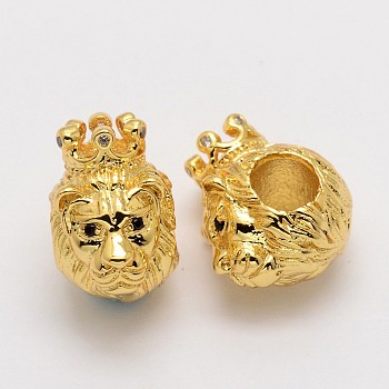 Lion King's Head Brass Micro Pave Cubic Zirconia European Beads, Large Hole Beads, Lead Free & Nickel Free, Real 18K Gold Plated, 14x9x13mm, Hole: 5mm