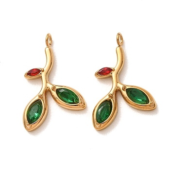 304 Stainless Steel Rhinestone Pendants, Leaf Charms, Ion Plating(IP), Golden, 22x14x3mm, Hole: 1.7mm