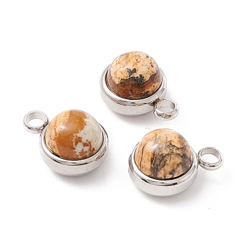 Natural Picture Jasper Charms, with 304 Stainless Steel Findings, Half Round, Stainless Steel Color, 13.5x10x7.5mm, Hole: 2.5mm