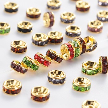 Brass Grade A Rhinestone Spacer Beads, Golden Plated, Rondelle, Nickel Free, Mixed Color, 6x3mm, Hole: 1mm