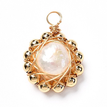 Natural Freshwater Pearl Bead Pendants, with Brass Beads and Eco-Friendly Copper Wire, Real 18K Gold Plated, Round, Bisque, 26x19x9.5mm, Hole: 4mm