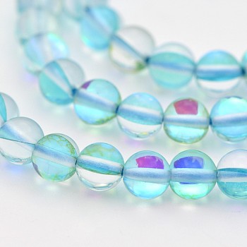 Round Synthetic Moonstone Beads Strands, Holographic Beads, Dyed, Light Sky Blue, 6mm, Hole: 1mm, about 60~62pcs/strand, 14~15 inch