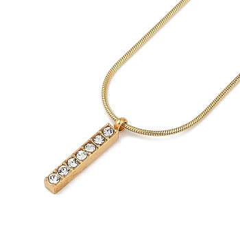 PVD Vacuum Plating 304 Stainless Steel Crystal Rhinestone Rectangle Pendant Round Snake Chain Necklaces for Women, Golden, 17.72 inch(45cm)