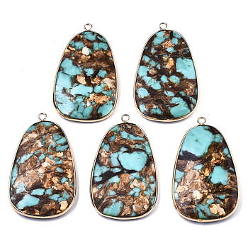Assembled Bronzite and Synthetic Turquoise Big Pendants, with Light Gold Plated Brass Edge and Loop, Egg Stone, Turquoise, 51~52x30~31x5~6mm, Hole: 2mm