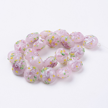Handmade Bumpy Lampwork Beads Strands, Flat Round with Flower, Lavender Blush, 17~20.5x10~14mm, Hole: 1.4mm