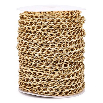 Aluminium Textured Curb Chains, Unwelded, with Spool, Golden, 11x7.5x1.5mm, about 98.43 Feet(30m)/Roll