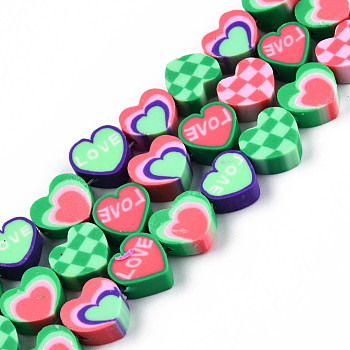 Handmade Polymer Clay Beads Strands, Heart with Word Love & Tartan Pattern, Medium Sea Green, 9~9.5x10~11x4~5mm, Hole: 1.5~1.8mm, about 40pcs/strand, 15.35 inch(39cm)