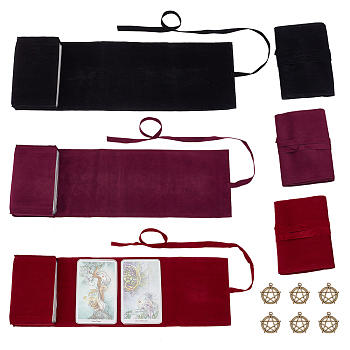 6Pcs Tibetan Style Alloy Pendants, Flat Round with Star, with 6Pcs Velvet Tarot Cards Storage Bags, Antique Bronze, 30x27x2.5mm, Hole: 3mm