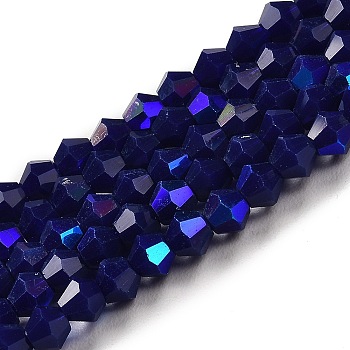 Opaque Solid Color Imitation Jade Glass Beads Strands, AB Color Plated, Faceted, Bicone, Dark Blue, 4x4mm, Hole: 0.8mm, about 82~85pcs/strand, 12.01~12.2 inch(30.5~31cm)