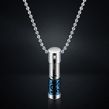 316L Stainless Steel Mini Column with Word Urn Ashes Pendant Necklace, Memorial Jewelry for Men Women, Blue, 23.62 inch(60cm)