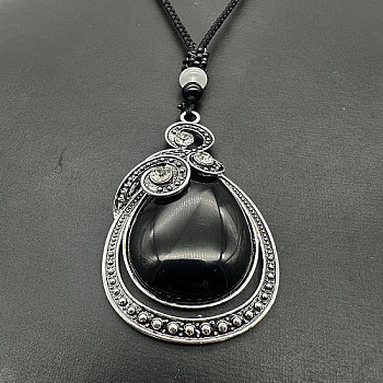 Natural Obsidian Pendants Necklaces for Women Men, Teardrop, 27.56 inch(70cm)