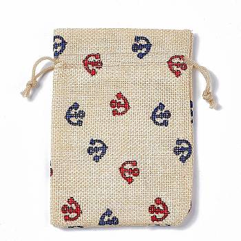 Burlap Packing Pouches Drawstring Bags, Rectangle, Navajo White, Anchor & Helm, 13.5~14x10x0.35cm