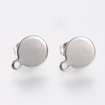 304 Stainless Steel Stud Earring Findings, with Loop and Flat Plate, Flat Round, Stainless Steel Color, 10.5x8x0.6mm, Hole: 1.2mm, Pin: 0.8mm