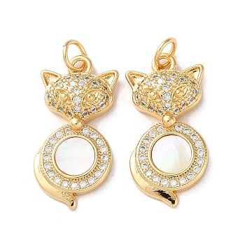 Brass Micro Pave Clear Cubic Zirconia Pendants, with Shell and Jump Ring, Real 18K Gold Plated, Fox, 23.5x11.5x4.5mm, Hole: 3mm