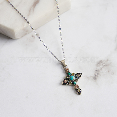 Natural Turquoise & Cubic Zirconia Cross Pendant Necklaces(NJEW-L125-001ASP)-4