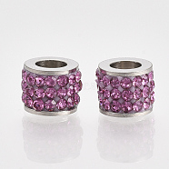 304 Stainless Steel Beads, with Polymer Clay Rhinestone, Column, Rose, 5.5x7mm, Hole: 3.5mm(STAS-T050-007H)