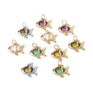 Brass Clear Cubic Zirconia Glass Charms, with Jump Ring, Long-Lasting Plated, Lead Free & Cadmium Free, Fish, Mixed Color, Mixed Color, 13x14.5x6mm, Jump Ring: 5x0.8mm, 3.5mm Inner Diameter(ZIRC-C024-19)