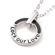 Black Enamel Ring Pendant Necklace, Word Lock Our Love Brass Couple Necklace for Men, Platinum, 23.39 inch(59.4cm)(NJEW-G073-05A-P)