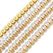 Square Cubic Zirconia Strass Chains, Gold Plated Brass Link Chains, Soldered, with Spool, Clear, 3.5mm, about 16.40 Feet(5m)/Roll(CHC-N020-07)