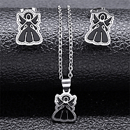 304 Stainless Steel Enamel Angel Stud Earrings & Pendant Necklace Set for Women, Stainless Steel Color, 498mm(SJEW-S002-01P)