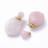 Faceted Natural Rose Quartz Openable Perfume Bottle Pendants, with Golden Tone 304 Stainless Steel Findings, 38~39.5x22.5~23x11~13.5mm, Hole: 1.8mm, Bottle Capacity: 1ml(0.034 fl. oz)(G-E564-08B-G)