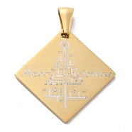 Christmas Ion Plating(IP) 304 Stainless Steel Pendants, Rhombus with Word Merry Christmas & Tree Charm, Real 14K Gold Plated, 33x34x2mm, Hole: 7x3.5mm(STAS-Z098-44G)