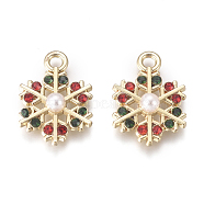 Golden Plated Alloy Charms, with Rhinestone and Acrylic Imitation Pearl, Snowflake, for Christmas, Colorful, 15x11x3.5mm, Hole: 1.7mm(PALLOY-L228-013G)