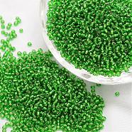 12/0 Transparent Glass Round Seed Beads, Grade A, Silver Lined, Green, 1.8~2.0mm, Hole: 0.8mm, about 28000pcs/pound(SEED-J010-F12-27B)