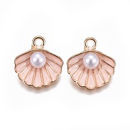 Zinc Alloy Enamel Pendants, with ABS Plastic Imitation Pearl, Shell, Light Gold, Pink, 15.5x14.5x6mm, Hole: 2mm(X-ENAM-F118-03A)