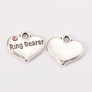 Wedding Theme Antique Silver Tone Tibetan Style Heart with Ring Bearer Rhinestone Charms, Cadmium Free & Lead Free, Light Rose, 14x16x3mm, Hole: 2mm(TIBEP-N005-15A)