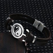 Stainless Steel Yin Yang Link Bracelet with Leather Cords, Coconut Brown, 7-7/8 inch(20cm)(PW-WG54823-02)