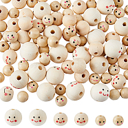 100Pcs 3 Styles Printed Wood European Beads, Large Hole Bead with Smiling Face, Undyed, Round, 14~24x14~22.5mm, Hole: 4~4.9mm(WOOD-DC0001-12)