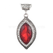 Glass Big Pendants, with Rhinestone and Antique Silver Plated Alloy Findings, Horse Eye, Red, 52.75x29.5x11.5mm, Hole: 5.5mm(TIBEP-L012-B02-AS)