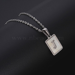 Rectangle Stainless Steel Pave Natural White Shell Pendant Necklaces, Stainless Steel Color, Letter J, 17.72 inch(45cm)(FS-WG3D812-10)