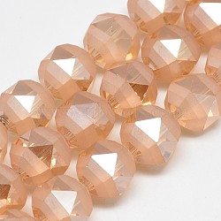 Electroplate Glass Beads Strands, Rainbow Plated, Frosted, Faceted, Round, Light Salmon, 15~16x15mm, Hole: 2mm, about 40pcs/strand, 23.62 inch(EGLA-Q085-16mm-05)