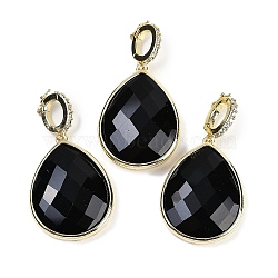 Natural Obsidian Faceted Teardrop Pendants, Rack Plating Brass Micro Pave Clear Cubic Zirconia Charms, Golden, 27x20x6.5mm, Hole: 6.5x4.5mm(G-B126-04G-01)