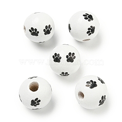 Printed Wood European Beads, Round with Paw Print Pattern, White, 15.5~16mm, Hole: 4~4.5mm(WOOD-G022-09A)