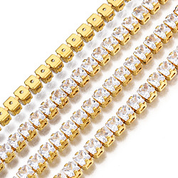 Square Cubic Zirconia Strass Chains, Gold Plated Brass Link Chains, Soldered, with Spool, Clear, 3.5mm, about 16.40 Feet(5m)/Roll(CHC-N020-07)