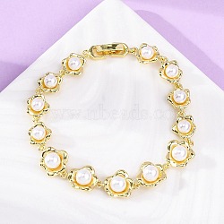 Flower Brass Link Bracelets, Plastic Pearl Jewelry for Women, Cadmium Free & Lead Free, Long-Lasting Plated, Rack Plating, Real 18K Gold Plated, 7-1/4 inch(18.5cm)(BJEW-G740-01G)